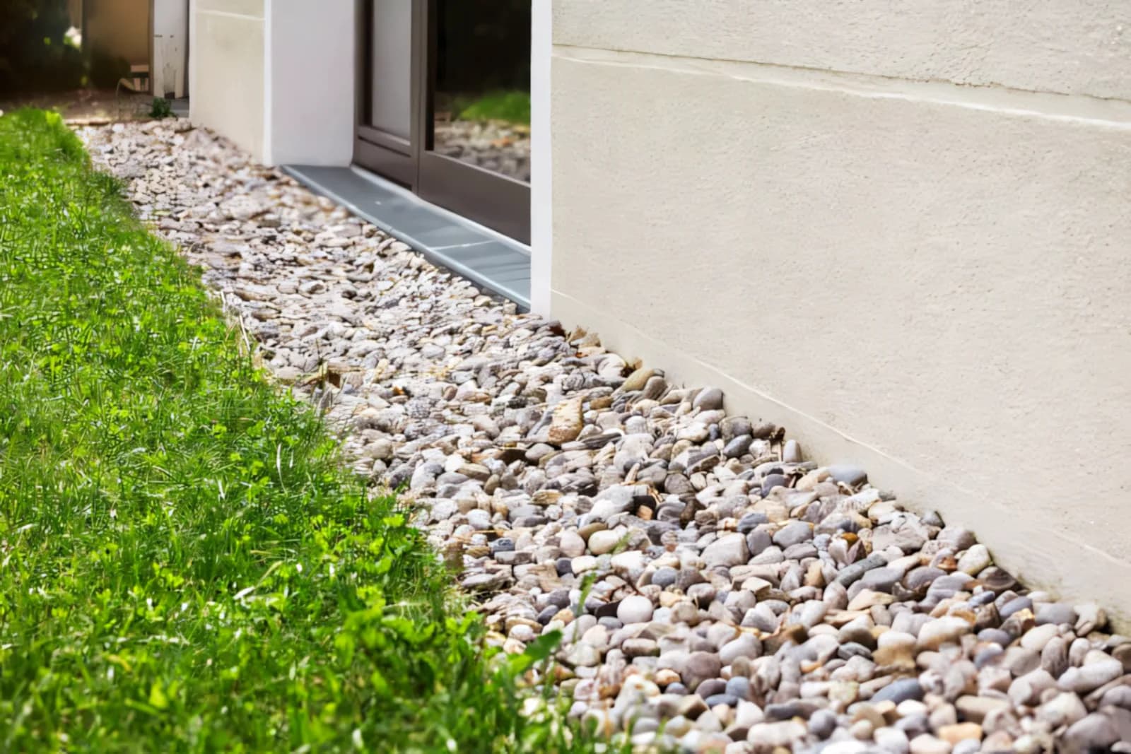 French drain with smooth river pebbles laid against a rendered house foundation
