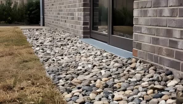 Pebble drainage strip along a brick house foundation, installed by Rock'n Earthworks